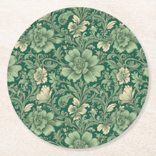 Sage Green Vintage Floral Pattern  Round Paper Coaster