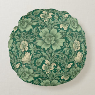 Sage Green Vintage Floral Pattern Round Pillow
