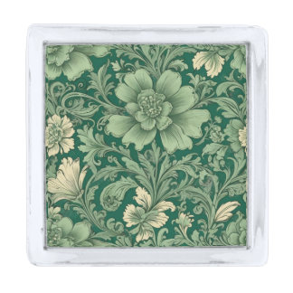 Sage Green Vintage Floral Pattern Silver Finish Lapel Pin
