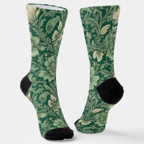 Sage Green Vintage Floral Pattern  Socks