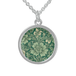 Sage Green Vintage Floral Pattern  Sterling Silver Necklace