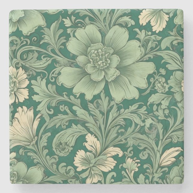 Sage Green Vintage Floral Pattern  Stone Coaster (Front)