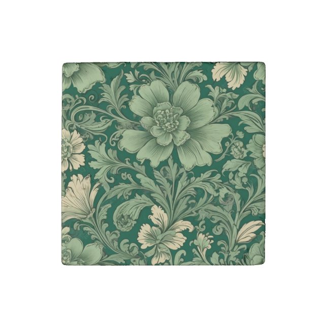 Sage Green Vintage Floral Pattern  Stone Magnet (Front)
