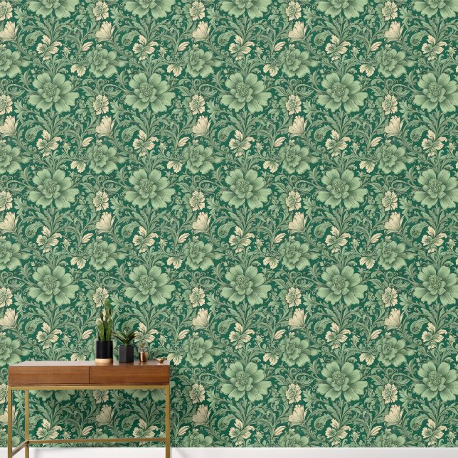 Sage Green Vintage Floral Pattern  Wallpaper (Hallway)