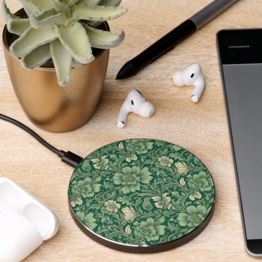 Sage Green Vintage Floral Pattern  Wireless Charger (Desk 2)