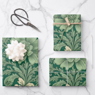 Sage Green Vintage Floral Pattern Wrapping Paper Sheets