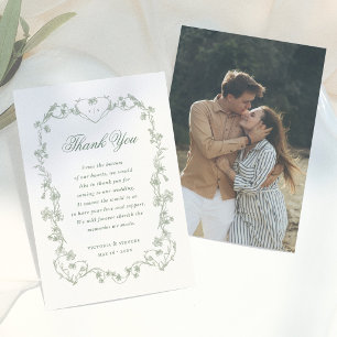 Sage Green Vintage Floral Photo Wedding Thank You Card