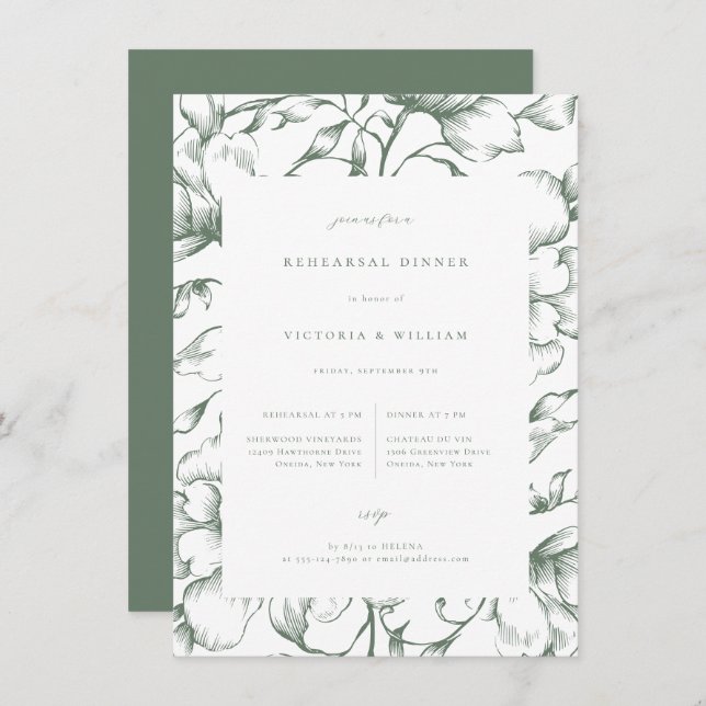 Sage Green Vintage Floral Rehearsal Dinner Announcement (Front/Back)