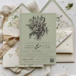 Sage Green Vintage Floral Romantic Garden Wedding Invitation
