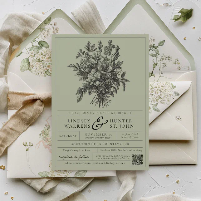 Sage Green Vintage Floral Romantic Garden Wedding Invitation | Zazzle