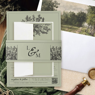 Sage Green Vintage Floral Romantic Garden Wedding Invitation Belly Band