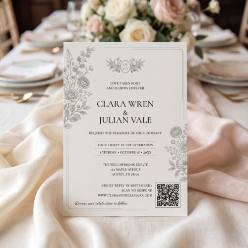 Sage Green Vintage Floral Romantic QR Code Crest Invitation