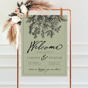 Sage Green Vintage Floral Script Wedding Welcome Poster