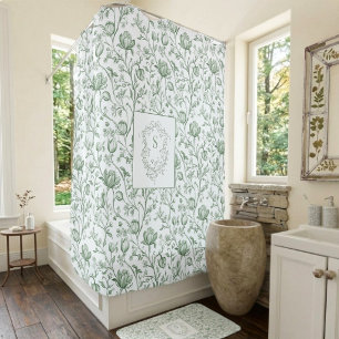 Sage Green Vintage Floral Toile Monogram Crest Shower Curtain