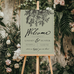 Sage Green Vintage Floral Wedding Welcome Sign