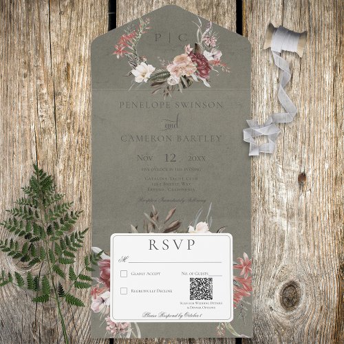 Sage Green Vintage Floral Wreath QR Code All In One Invitation