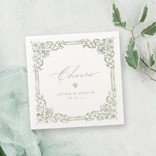 Sage Green Vintage Frame Elegant Cheers Wedding Napkins