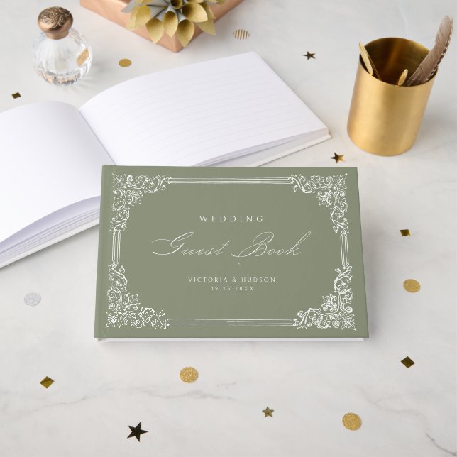 Sage Green Vintage Frame Elegant Script Wedding Guest Book (Front Open)