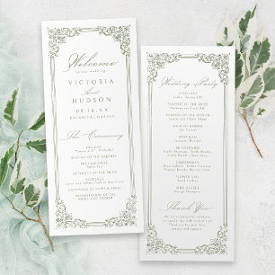 Sage Green Vintage Frame Elegant Script Wedding Program