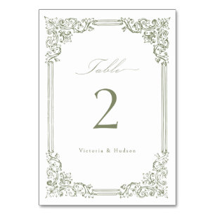 Sage Green Vintage Frame Elegant Script Wedding Table Number