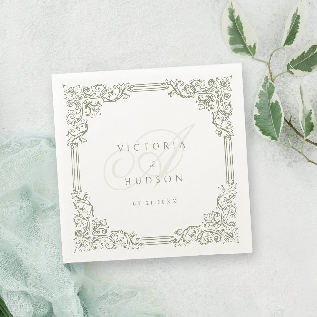 Sage Green Vintage Frame Elegant Wedding Monogram Napkins (Sage Green Vintage Frame Elegant Wedding Monogram Napkins)