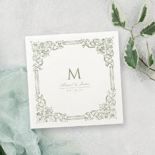 Sage Green Vintage Frame Elegant Wedding Monogram Napkins