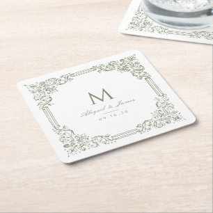Sage Green Vintage Frame Elegant Wedding Monogram Square Paper Coaster
