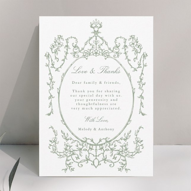 Sage Green Vintage Frame Wedding Photo Thank You Card (Creator Uploaded)