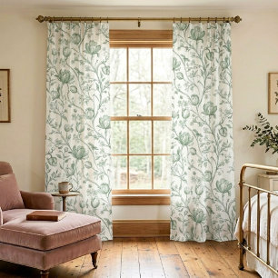 Sage Green Vintage Garden French Floral Toile Sheer Curtains