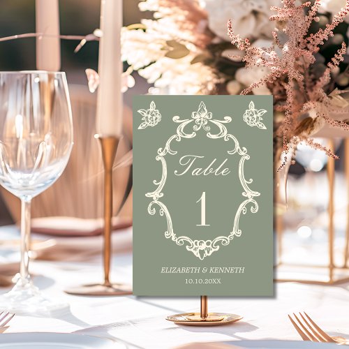 Sage Green Vintage Garden Old Money Wedding Table Number