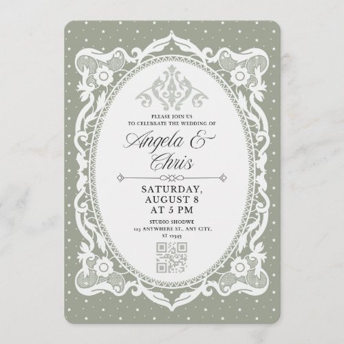 Sage Green Vintage Lace Wedding Invitation QR RSVP