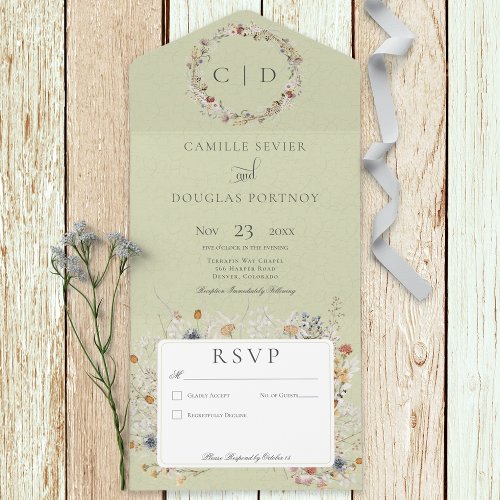 Sage Green Vintage Romantic Wildflower No Dinner All In One Invitation