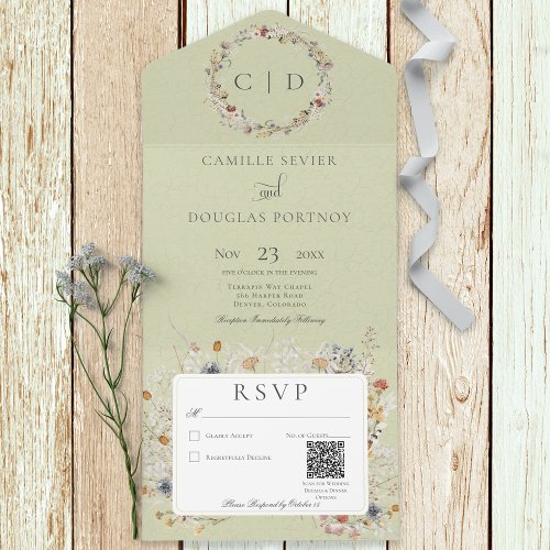 Sage Green Vintage Romantic Wildflower QR Code All In One Invitation