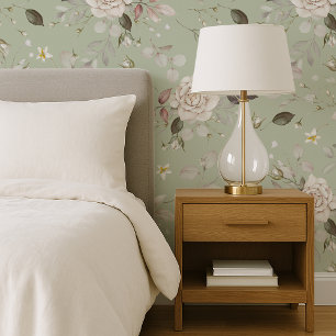 Sage Green Vintage Rose Botanical Wallpaper