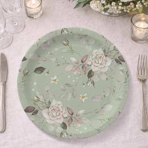 Sage Green Vintage Rose Floral Dinner Paper Plates
