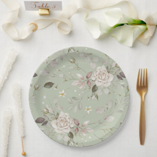 Sage Green Vintage Rose Floral Dinner Paper Plates