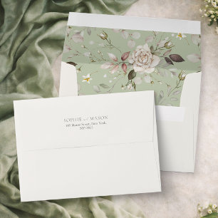 Sage Green Vintage Rose Wedding Envelope