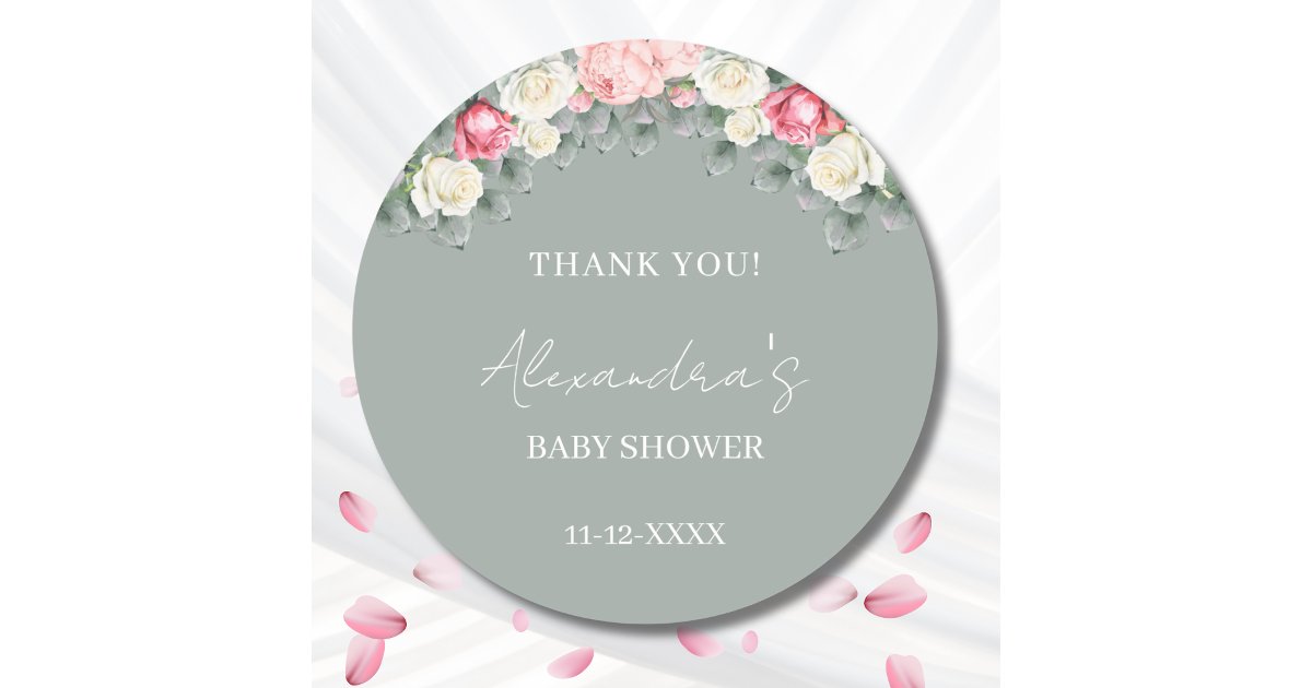 Sage Green Vintage Roses Baby Shower Thank You Classic Round Sticker ...