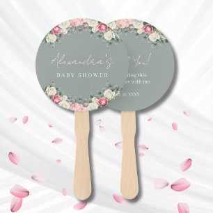 Sage Green Vintage Roses Baby Shower Thank You Hand Fan