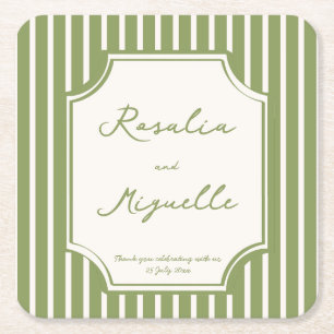 Sage green vintage stripes wedding favors custom square paper coaster