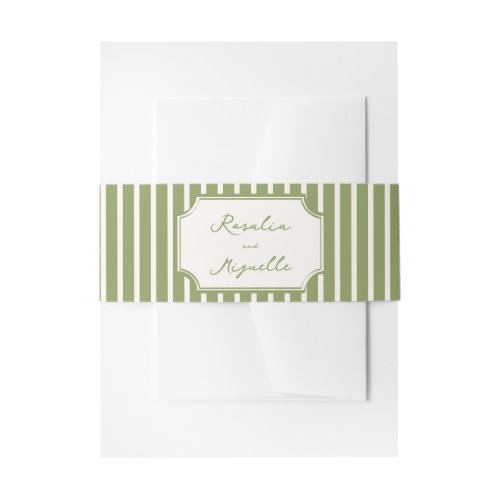 Sage green vintage stripes wedding invitation belly band