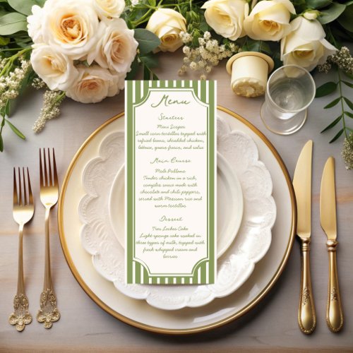 Sage green vintage stripes wedding menu