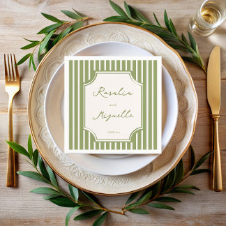 Sage green vintage stripes wedding personalized napkins