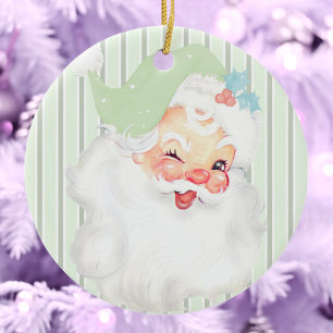 Sage Green Vintage Winking Santa Christmas Tree Ceramic Ornament