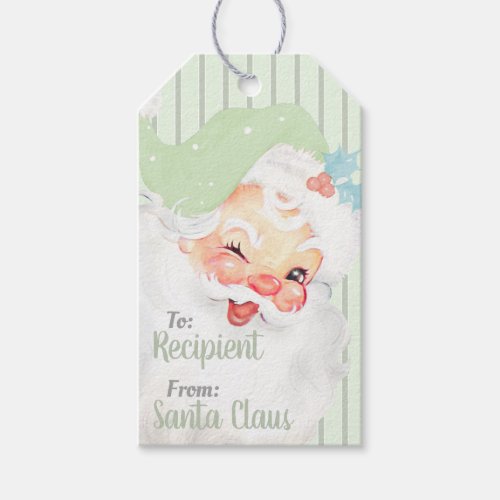 Sage Green Vintage Winking Santa Claus Christmas Gift Tags