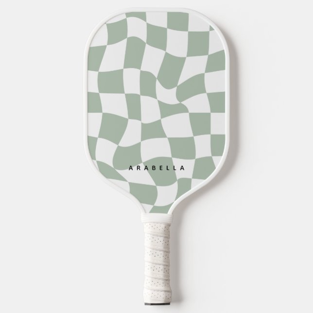 Sage Green Warped Checkerboard Pickleball Paddle (Front)