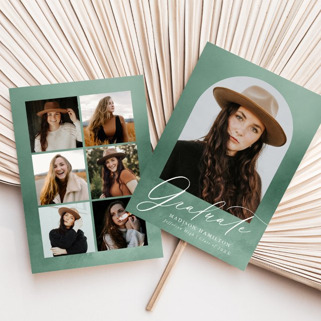 Sage Green Watercolor Arch 7 Photo Graduation Announcement (Creator Uploaded)