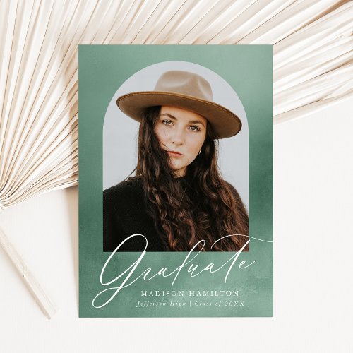 Sage Green Watercolor Arch Photo Graduation Announcement