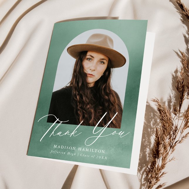Sage Green Watercolor Arch Photo Graduation Thank You Card (Creator Uploaded)