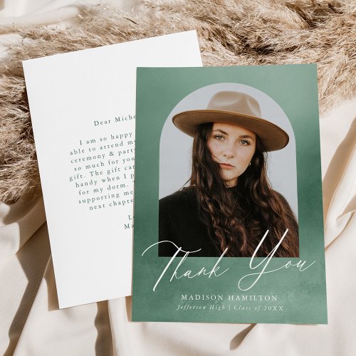 Sage Green Watercolor Arch Photo Graduation Thank You Card